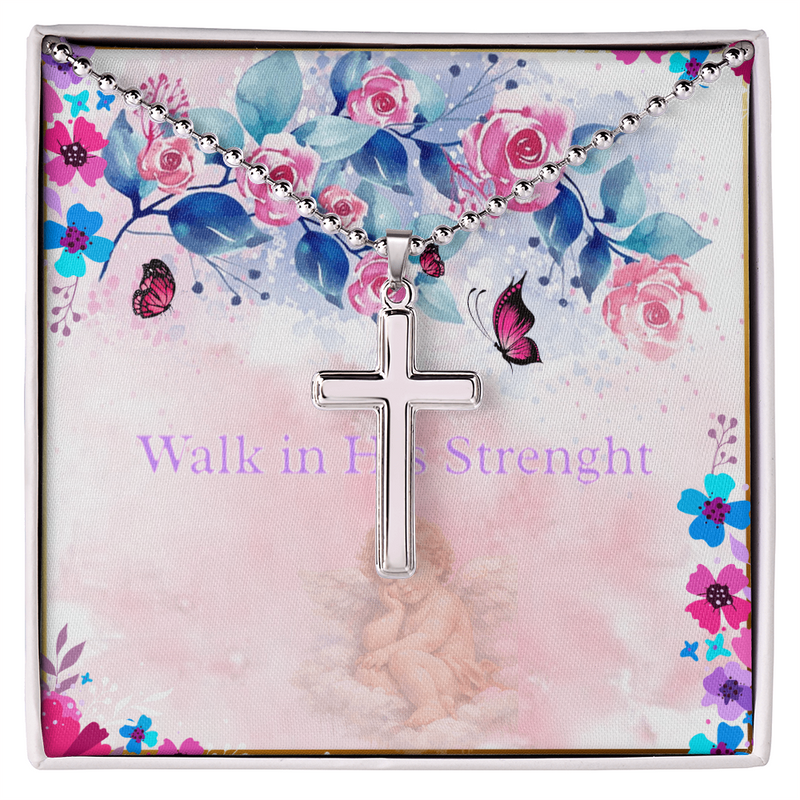 Walk In His Strength Christian Cross Necklace