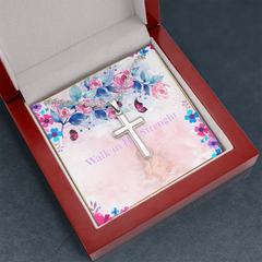 Walk In His Strength Christian Cross Necklace